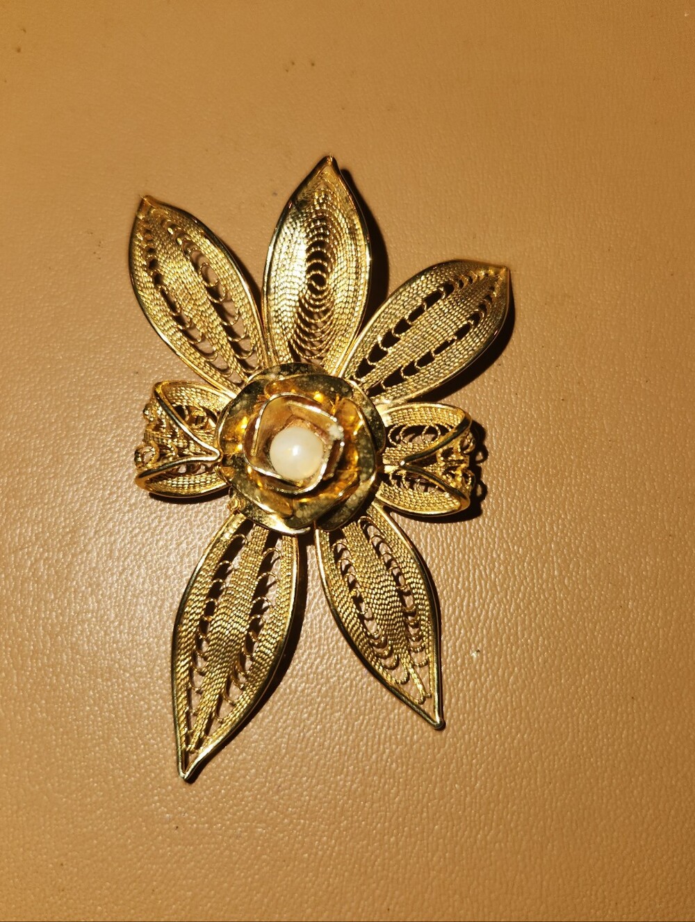 Vintage Gold Floral Filigree Brooch with Pearl Accent